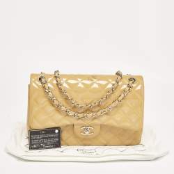 Pre Owned Chanel Cream Quilted Patent Leather Jumbo Classic Double Flap Bag
