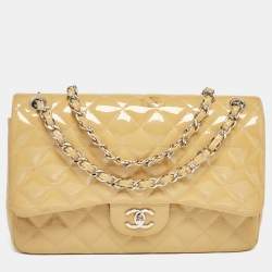 Pre Owned Chanel Cream Quilted Patent Leather Jumbo Classic Double Flap Bag