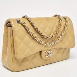 Pre Owned Chanel Cream Quilted Patent Leather Jumbo Classic Double Flap Bag