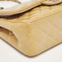 Pre Owned Chanel Cream Quilted Patent Leather Jumbo Classic Double Flap Bag