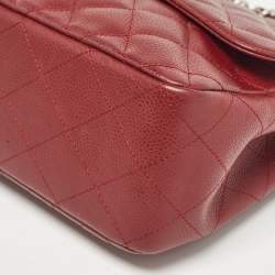 Pre Owned Chanel Red Quilted Caviar Leather Jumbo Classic Single Flap Bag