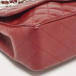 Pre Owned Chanel Red Quilted Caviar Leather Jumbo Classic Single Flap Bag