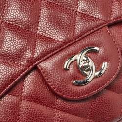 Pre Owned Chanel Red Quilted Caviar Leather Jumbo Classic Single Flap Bag