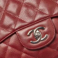 Pre Owned Chanel Red Quilted Caviar Leather Jumbo Classic Single Flap Bag
