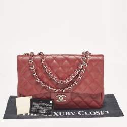 Pre Owned Chanel Red Quilted Caviar Leather Jumbo Classic Single Flap Bag