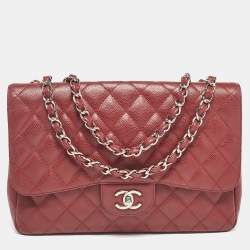 Pre Owned Chanel Red Quilted Caviar Leather Jumbo Classic Single Flap Bag
