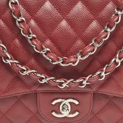 Pre Owned Chanel Red Quilted Caviar Leather Jumbo Classic Single Flap Bag