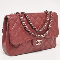 Pre Owned Chanel Red Quilted Caviar Leather Jumbo Classic Single Flap Bag