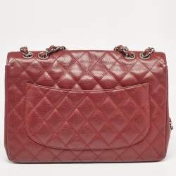 Pre Owned Chanel Red Quilted Caviar Leather Jumbo Classic Single Flap Bag