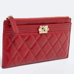 Chanel Red Quilted Caviar Leather Zip Classic Boy Pouch