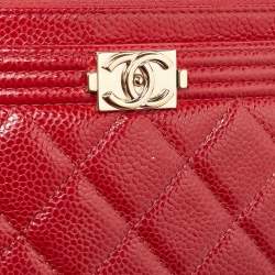 Chanel Red Quilted Caviar Leather Zip Classic Boy Pouch