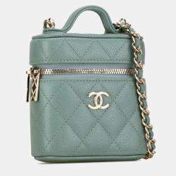 Chanel Green Caviar Quilted Small Handle With Care Vanity Case With Chain  