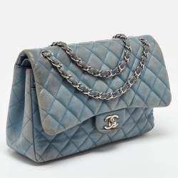 Pre Owned Chanel Blue Quilted Leather Jumbo Classic Double Flap Bag
