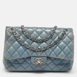 Pre Owned Chanel Blue Quilted Leather Jumbo Classic Double Flap Bag