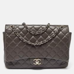 Chanel Grey Quilted Caviar Leather Maxi Classic Double Flap Bag