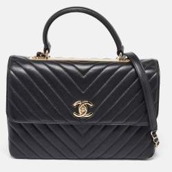 Pre Owned Chanel Black Chevron Leather Medium Trendy CC Top Handle Bag