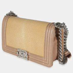 Chanel Beige Galuchat Stingray Lambskin Medium Boy Flap Shoulder Bag