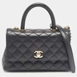 Pre Owned Chanel Black Quilted Caviar Leather Small Coco Top Handle Bag