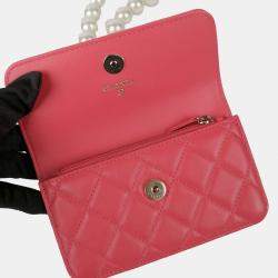 Chanel Pink Leather Pearl Mini Wallet On Chain