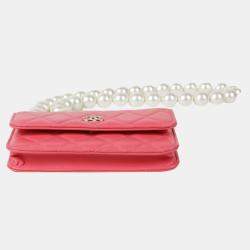 Chanel Pink Leather Pearl Mini Wallet On Chain