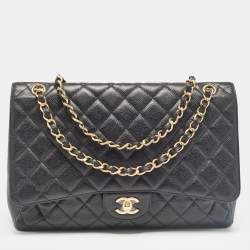 Pre Owned Chanel Black Quilted Caviar Leather Maxi Classic Single Flap Bag