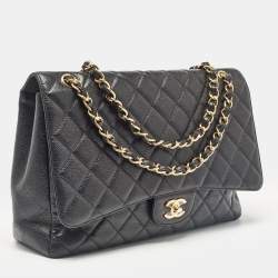 Pre Owned Chanel Black Quilted Caviar Leather Maxi Classic Single Flap Bag