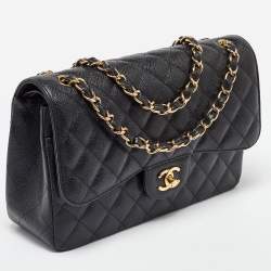 Pre Owned Chanel Black Caviar Quilted Leather Jumbo Classic Double Flap Bag
