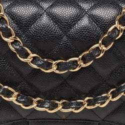 Pre Owned Chanel Black Caviar Quilted Leather Jumbo Classic Double Flap Bag