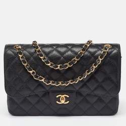 Pre Owned Chanel Black Caviar Quilted Leather Jumbo Classic Double Flap Bag