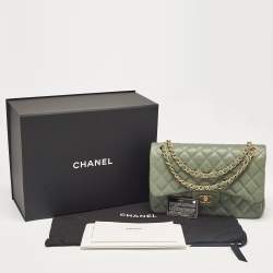 Pre Owned Chanel Green Quilted Caviar Leather Jumbo Classic Double Flap Bag