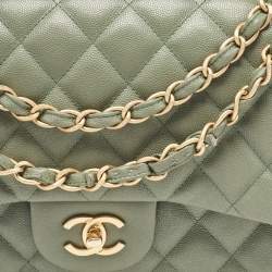 Pre Owned Chanel Green Quilted Caviar Leather Jumbo Classic Double Flap Bag