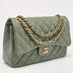Pre Owned Chanel Green Quilted Caviar Leather Jumbo Classic Double Flap Bag