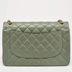 Pre Owned Chanel Green Quilted Caviar Leather Jumbo Classic Double Flap Bag