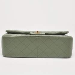 Pre Owned Chanel Green Quilted Caviar Leather Jumbo Classic Double Flap Bag