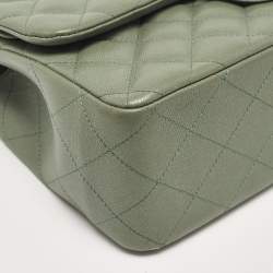 Pre Owned Chanel Green Quilted Caviar Leather Jumbo Classic Double Flap Bag