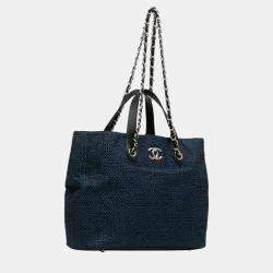 Chanel Navy Blue Straw and Caviar Leather Drawstring Shopping Tote Bag