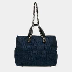 Chanel Navy Blue Straw and Caviar Leather Drawstring Shopping Tote Bag