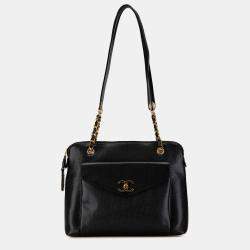 Chanel Black Caviar Leather Front Pocket Chain Tote Bag