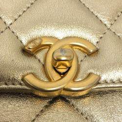 Chanel Gold Quilted Lambskin Mini Crystal Logo Letters Chain Handle Flap Bag 