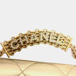 Chanel Gold Quilted Lambskin Mini Crystal Logo Letters Chain Handle Flap Bag 