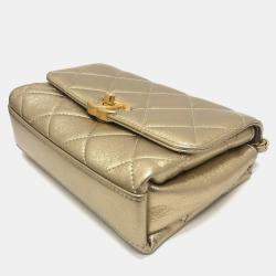 Chanel Gold Quilted Lambskin Mini Crystal Logo Letters Chain Handle Flap Bag 