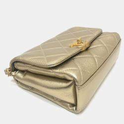 Chanel Gold Quilted Lambskin Mini Crystal Logo Letters Chain Handle Flap Bag 