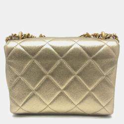 Chanel Gold Quilted Lambskin Mini Crystal Logo Letters Chain Handle Flap Bag 