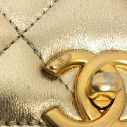 Chanel Gold Quilted Lambskin Mini Crystal Logo Letters Chain Handle Flap Bag 