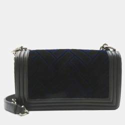 Chanel Black Patchwork Velvet with Calfskin Old Medium Boy Flap Shoulder Bags