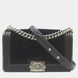 Chanel Black Patchwork Velvet with Calfskin Old Medium Boy Flap Shoulder Bags