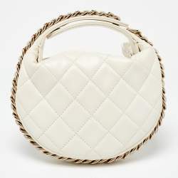 Pre Owned Chanel Off White Quilted Leather Mini Chain Around Hobo