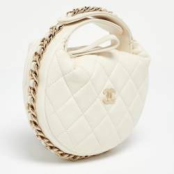 Pre Owned Chanel Off White Quilted Leather Mini Chain Around Hobo