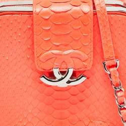 Pre Owned Chanel Neon Orange Quilted Python Mini CC Box Camera Bag