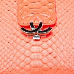 Pre Owned Chanel Neon Orange Quilted Python Mini CC Box Camera Bag